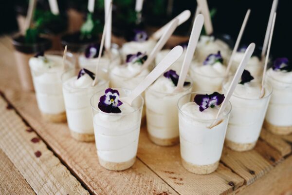 cheese cake cups; buffet styling; edible flowers
